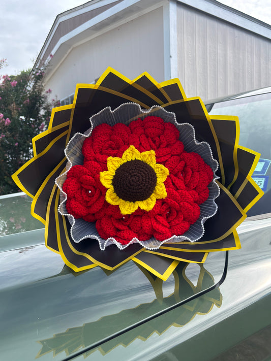 Sunflower with Red Roses Bouquet